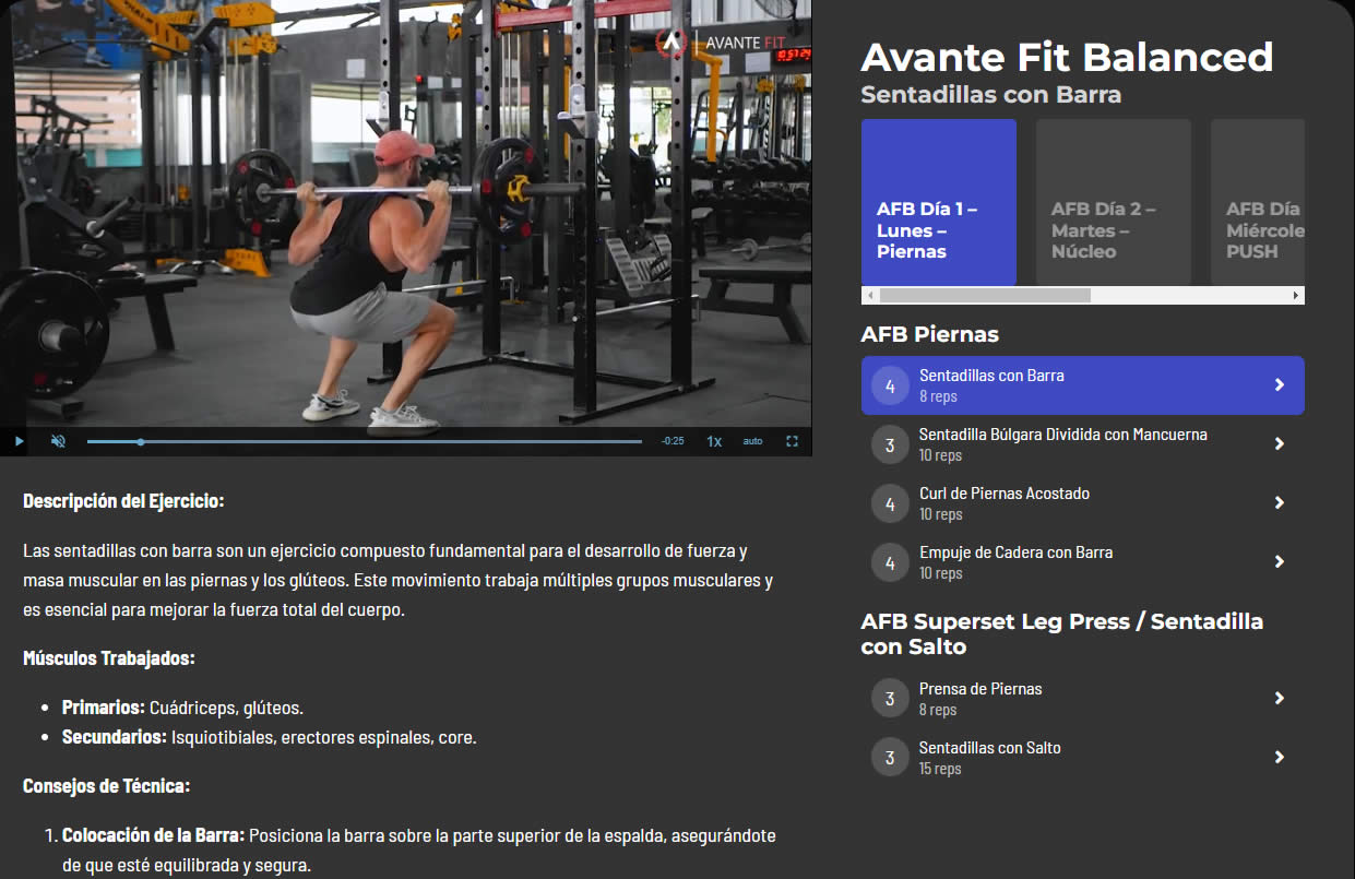 Avante Fit Balanced Screenshot Sentadillas con Barra